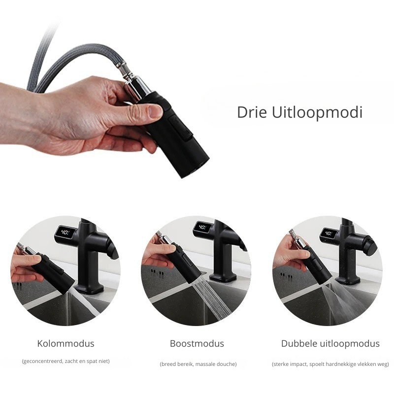 Ravonia - Uittrekbare Keukenkraan met Digitale Display en Draaibare Uitloop