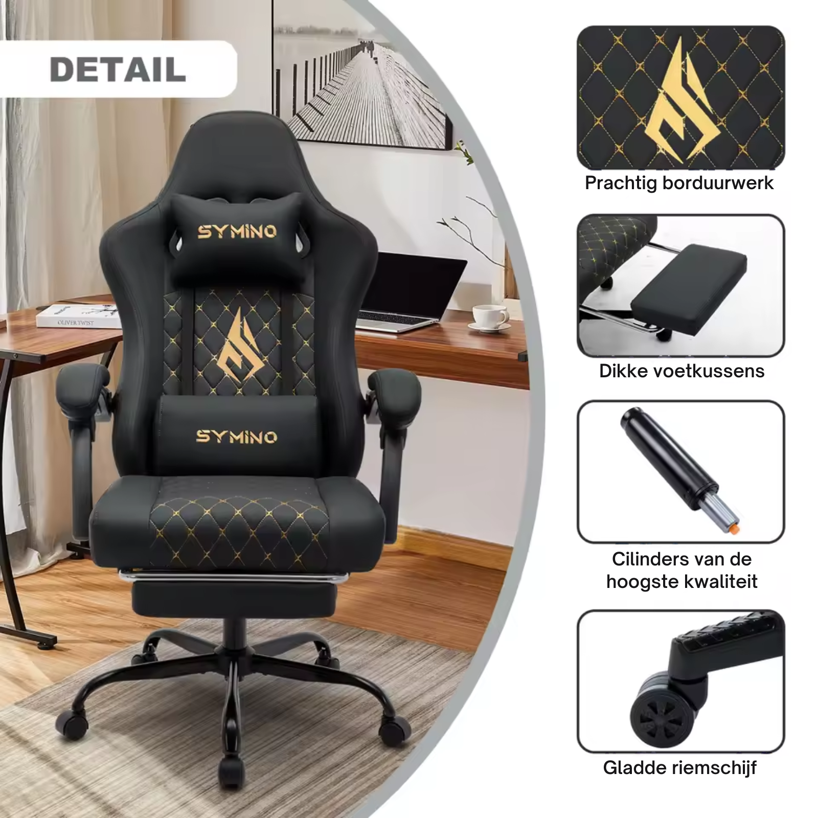 Cronan - Fauteuil de jeu Racing avec repose-pieds et accoudoirs réglables