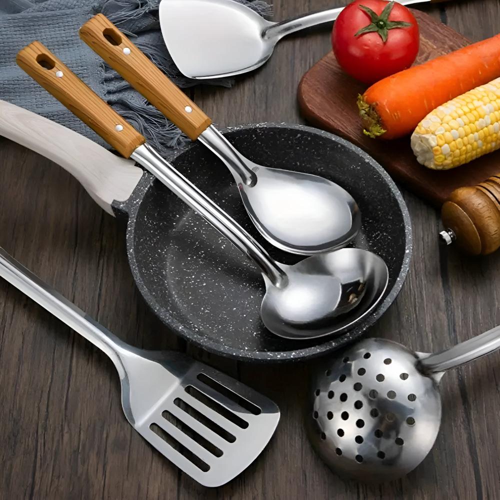 Culinor - Ensemble d'Ustensiles de Cuisine en Acier Inoxydable avec Poignées en Bois, 5 pièces