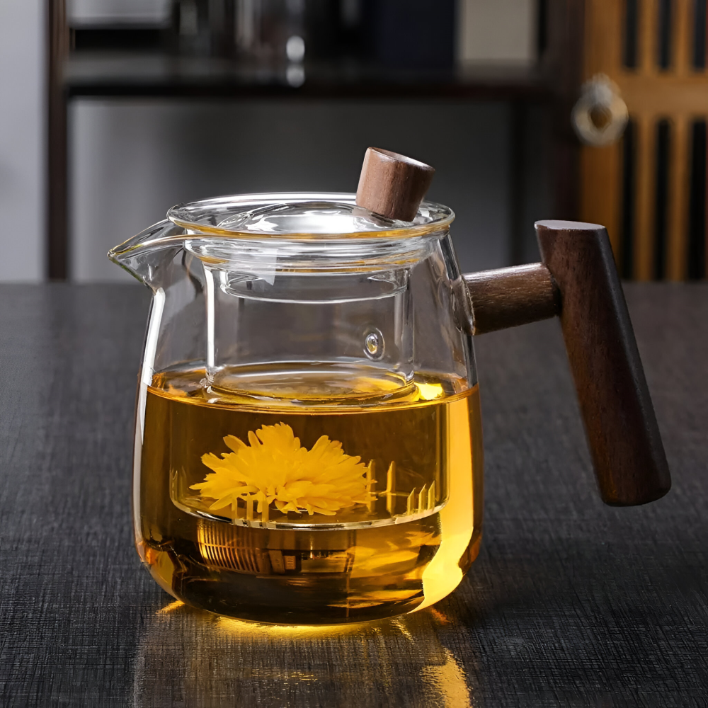 Rovienne – Smoke Gray Glass Teapot 600ml with Wooden Handle