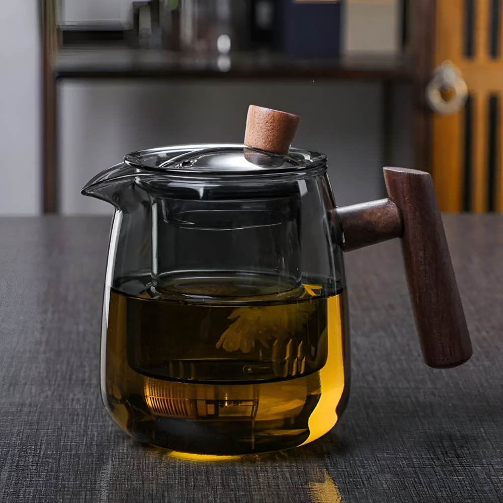 Rovienne – Smoke Gray Glass Teapot 600ml with Wooden Handle