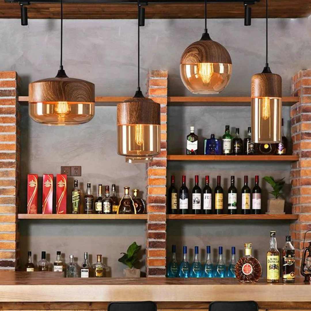 Viresta - Lampada a sospensione scandinava in legno e vetro colorato