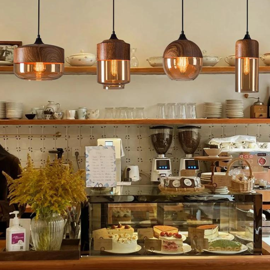 Viresta - Lampada a sospensione scandinava in legno e vetro colorato