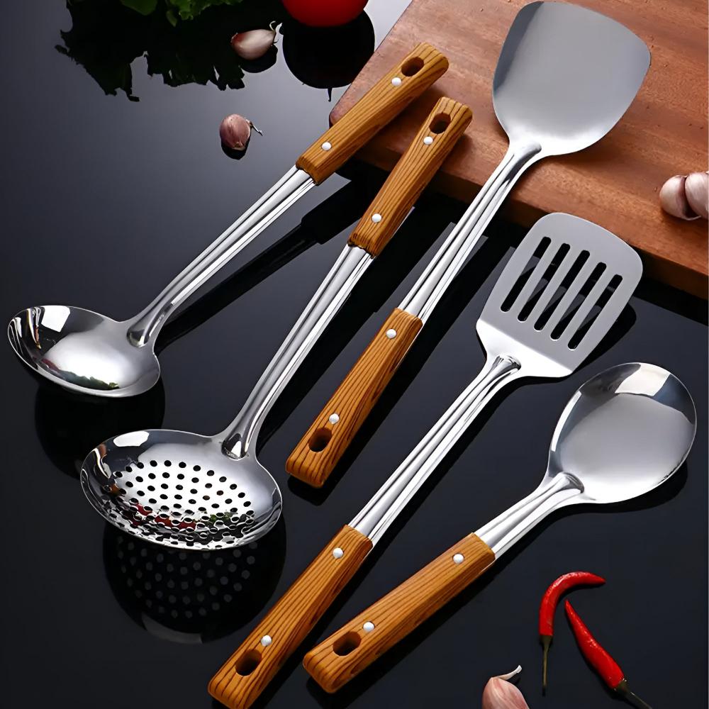 Culinor - Ensemble d'Ustensiles de Cuisine en Acier Inoxydable avec Poignées en Bois, 5 pièces