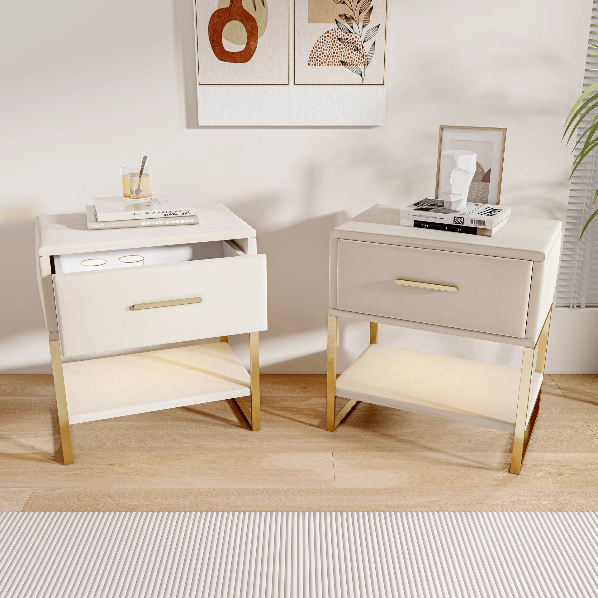 Rosahome - Nachtkastjes Set van 2 met Lade en Handgreep in Wit Fluweel