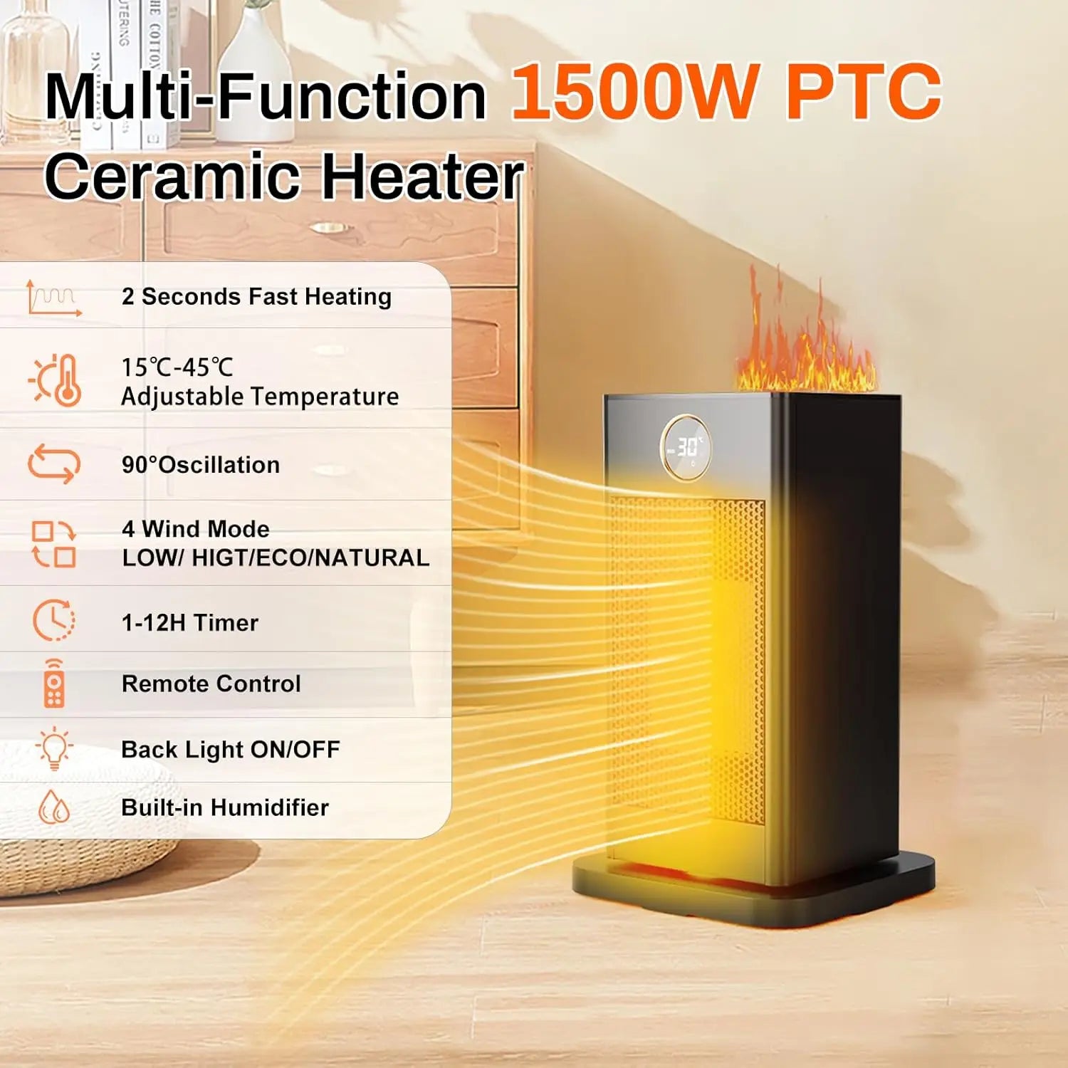 Lioraen - Ventilatorkachel met Luchtbevochtiger en Sfeerverlichting Elektrisch Verwarmingstoestel