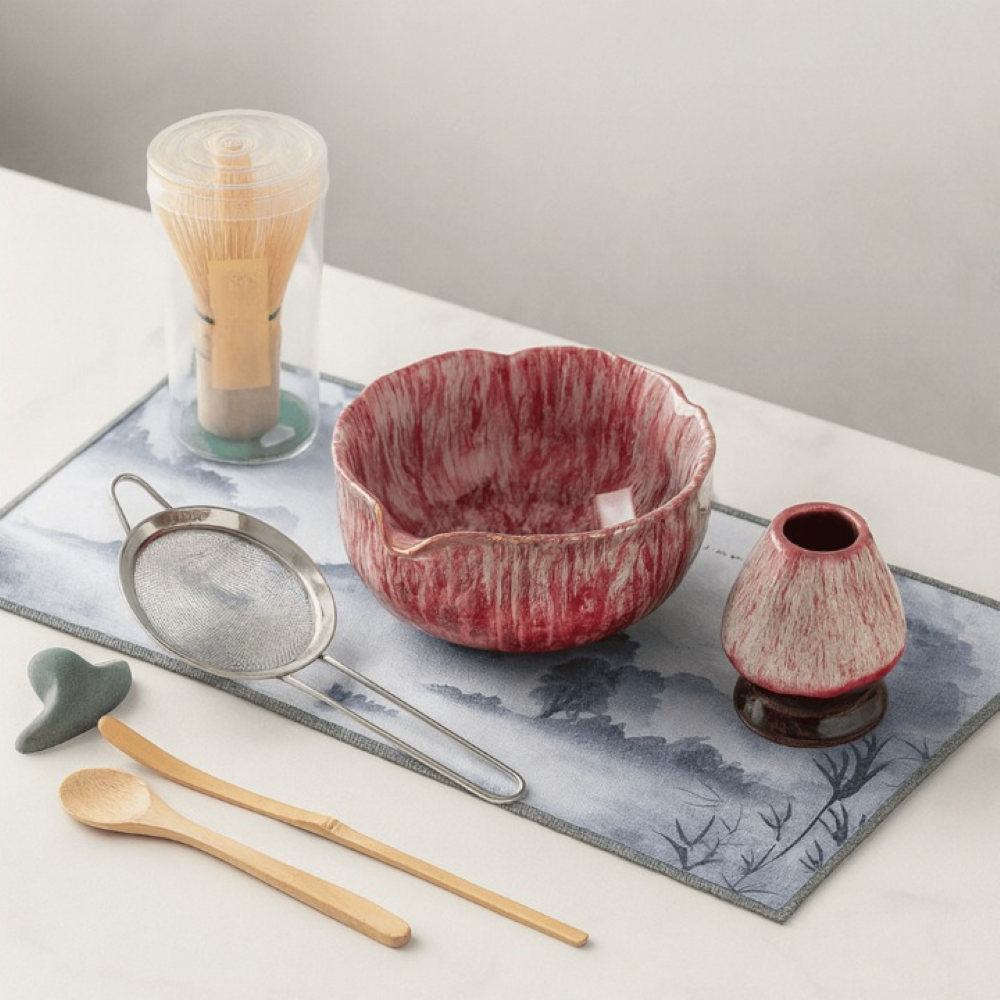 Aikoren – 8-dielna súprava na matcha čaj s ručne vyrobenou keramickou miskou 550 ml