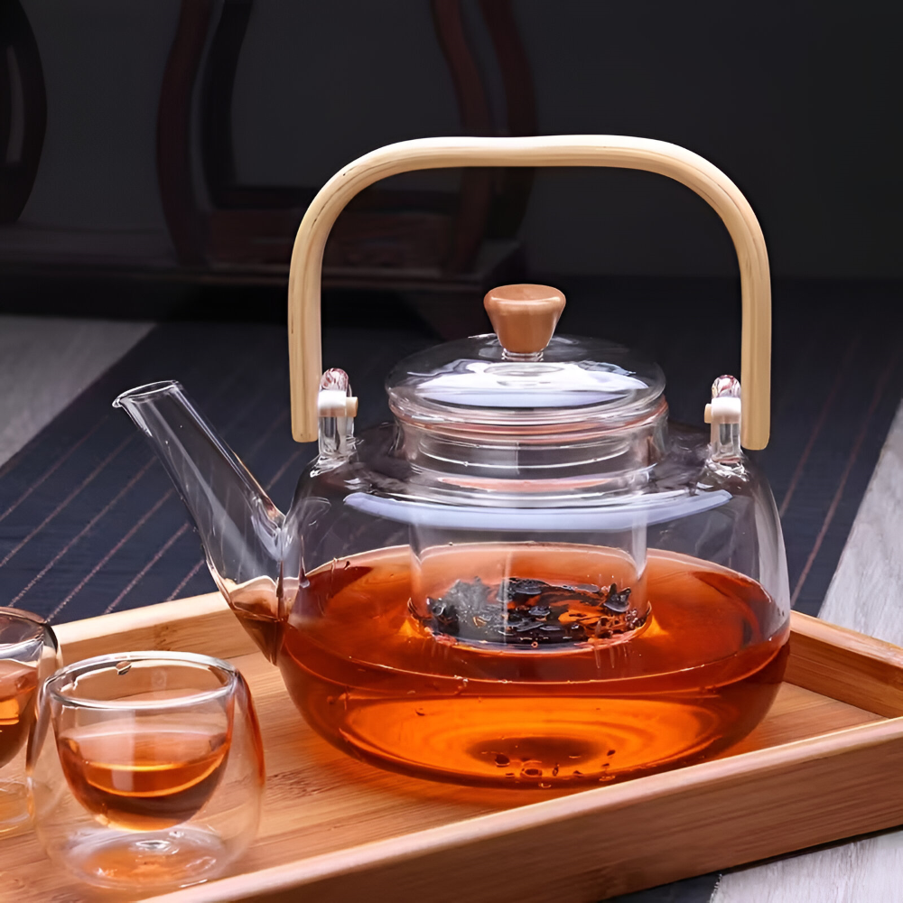 Seravine – Glass Teapot 900ml of Borosilicate Glass with Bamboo Handle and Tea Strainer