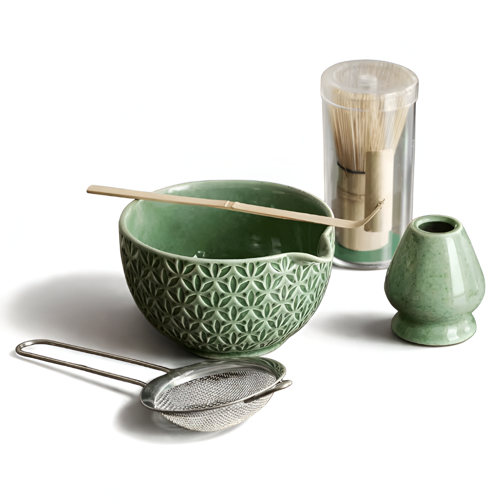 Kazumiya – Green Ceramic Matcha Tea Set 5 6 Piece with Bamboo Accessories