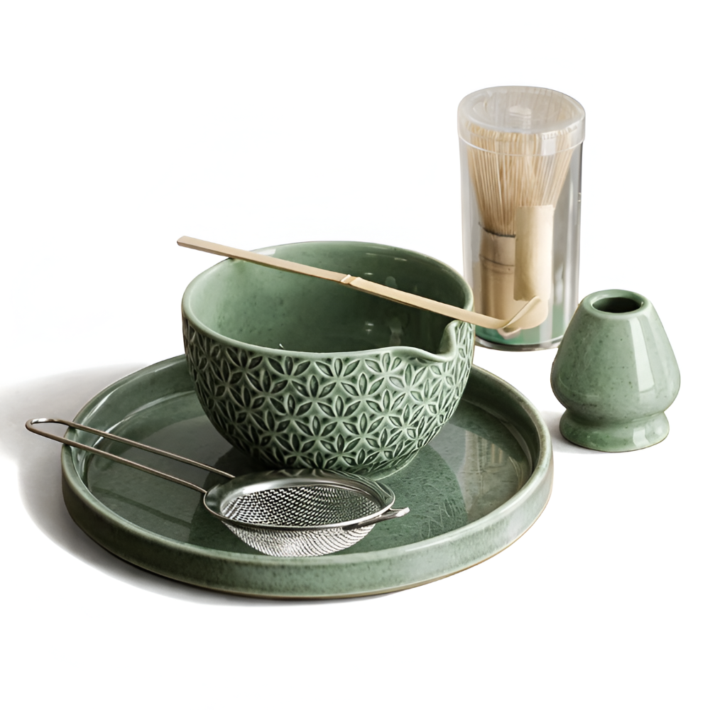 Kazumiya – Green Ceramic Matcha Tea Set 5 6 Piece with Bamboo Accessories