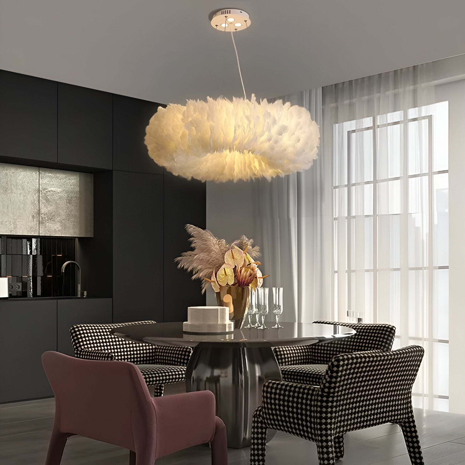 Velastrae - Lampada a sospensione bianca di lusso a forma di cerchio con piume