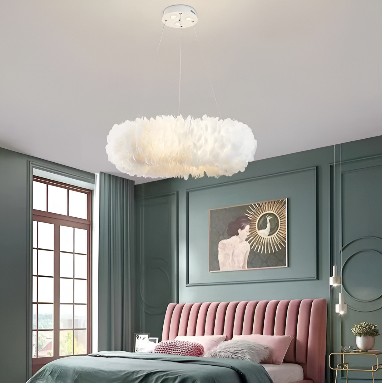 Velastrae - Lampada a sospensione bianca di lusso a forma di cerchio con piume