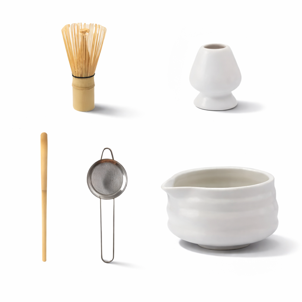 Shioren – White Matcha Tea Set 5 Pieces with Ceramic Bowl 460ml and Bamboo Whisk