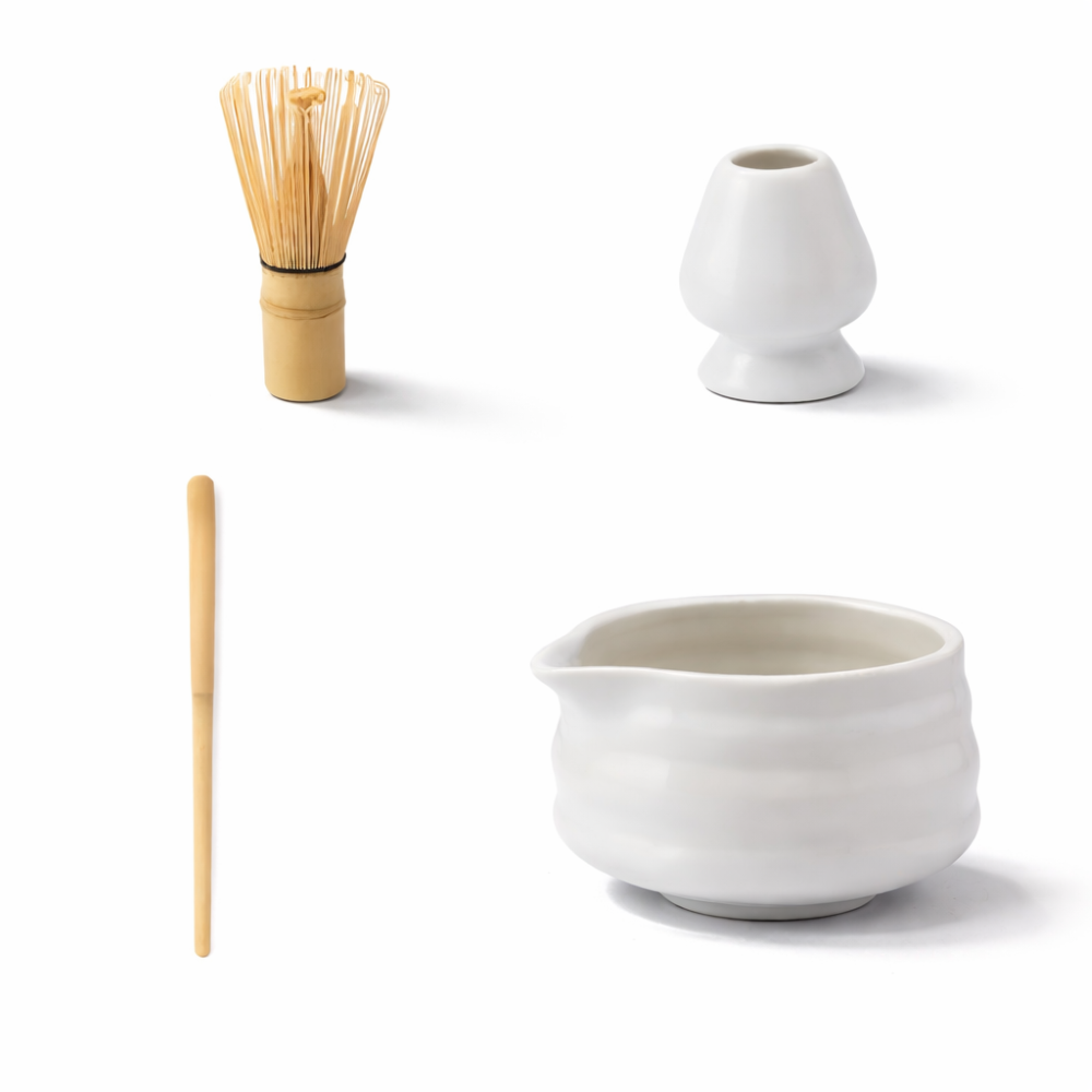 Shioren – White Matcha Tea Set 5 Pieces with Ceramic Bowl 460ml and Bamboo Whisk
