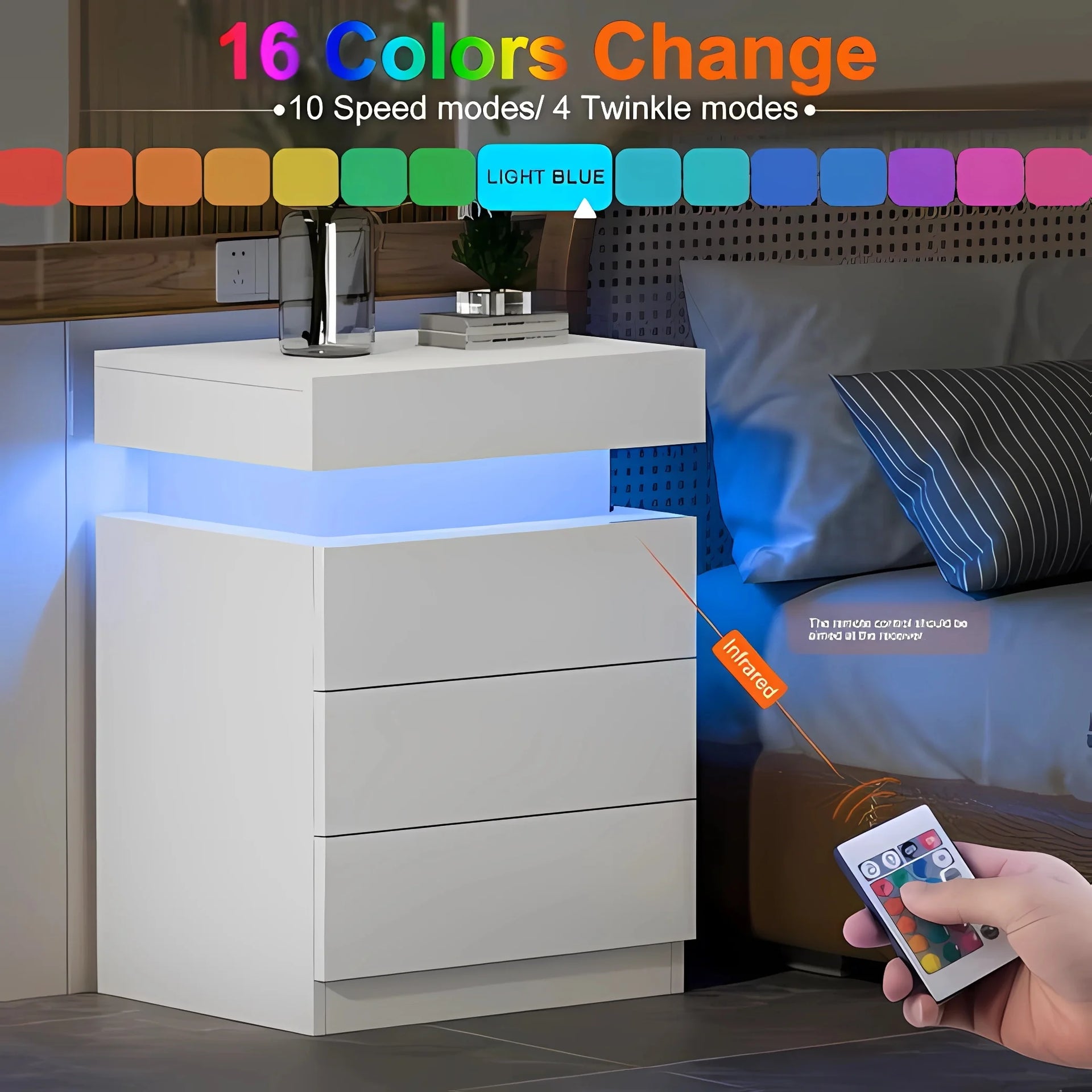 Velmira - Wit Nachtkastje met 3 Lades Hoogglans Afwerking en LED Verlichting