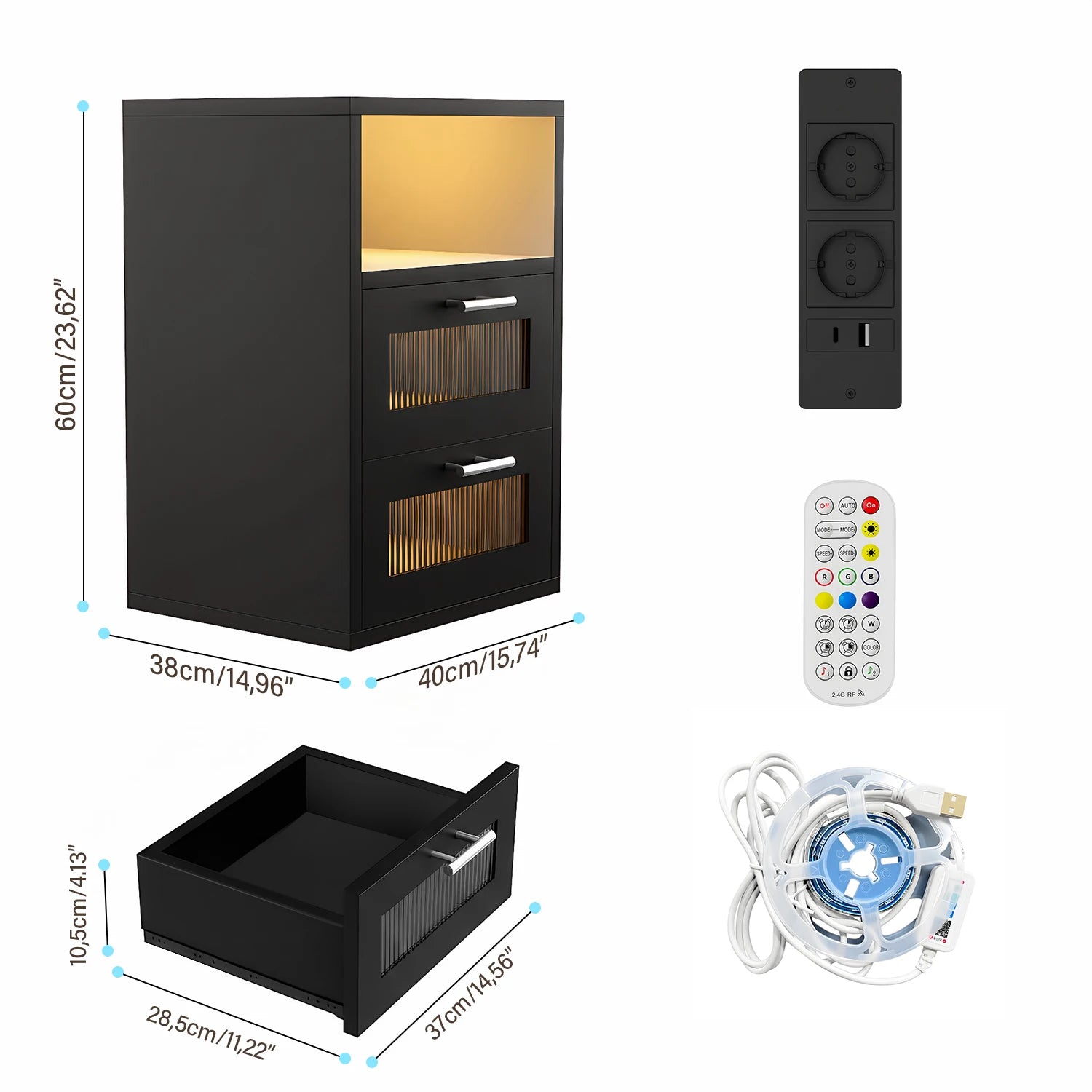 Noctura - Nachtkast met 2 lades en LED-verlichting zwart of wit