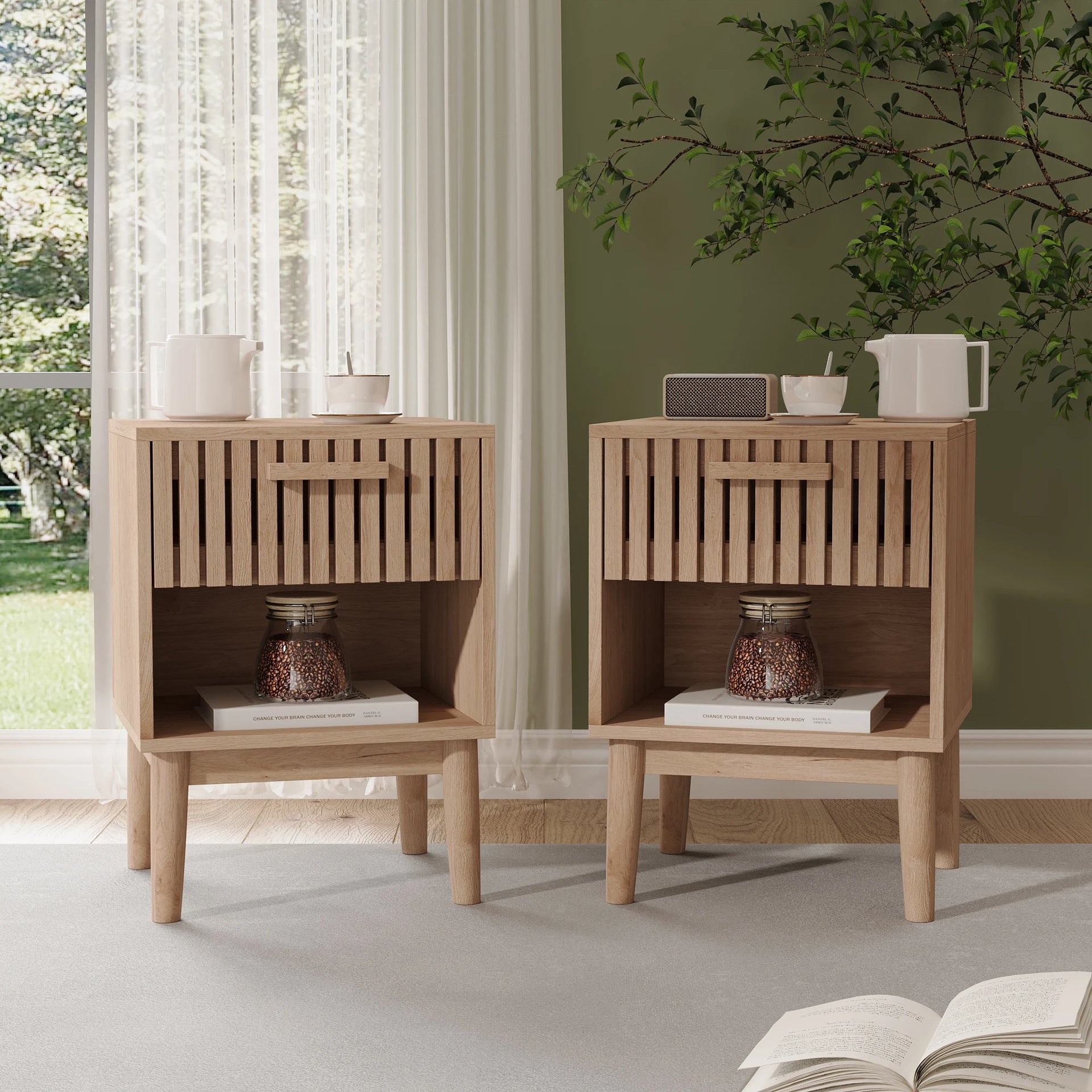 Solvia - Set van 2 Moderne Nachtkastjes met Lade en Open Vakschap