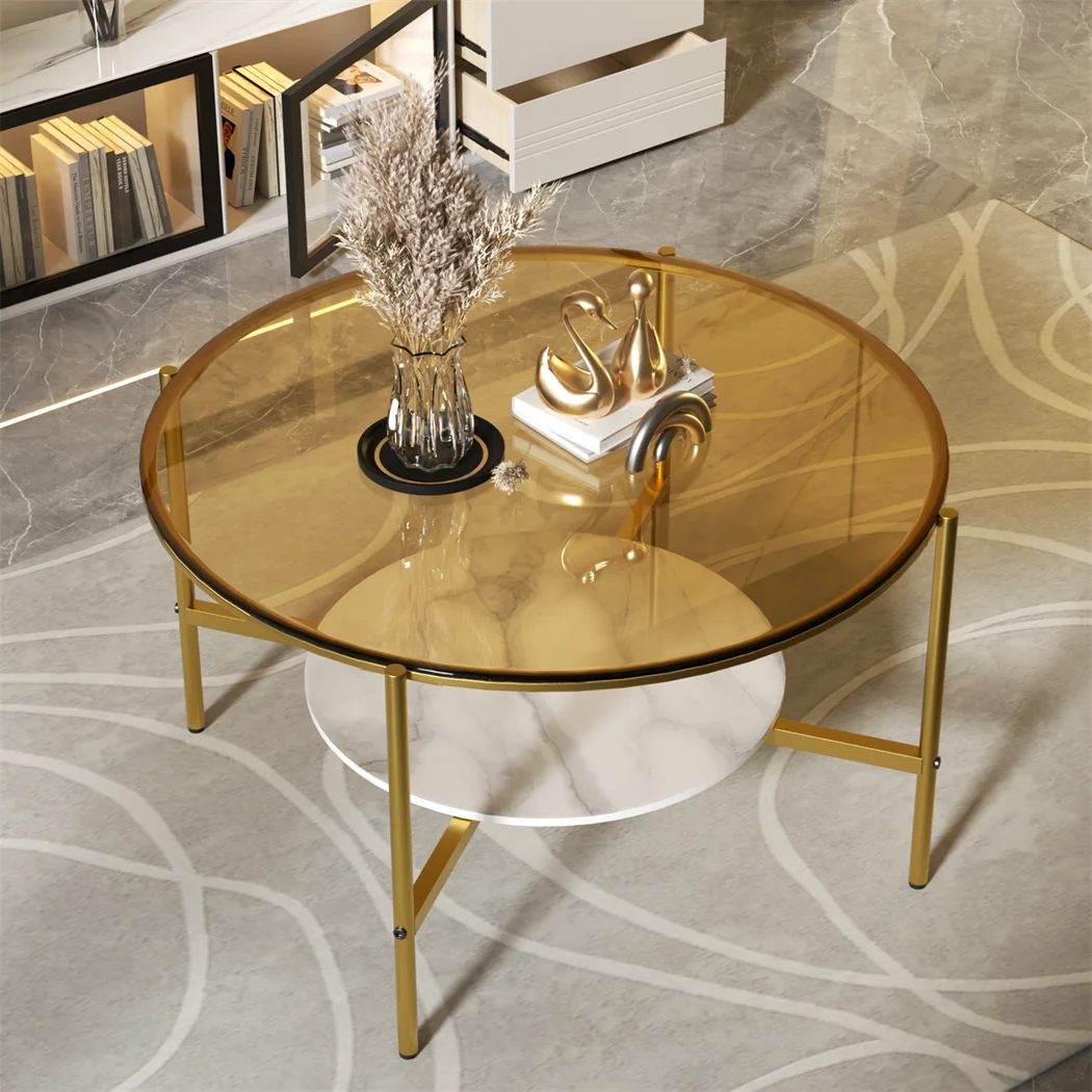 Nirelia - Glazen Salontafel met Leisteen Plank en Tweelaags Minimalistisch Ontwerp