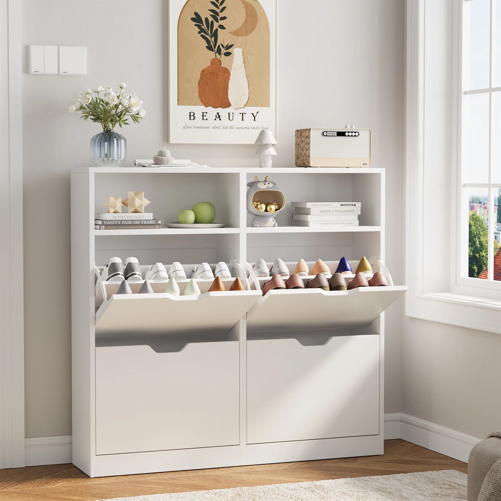 Vowner - Shoe Cabinet With 4 Tilt Drawers Freestanding