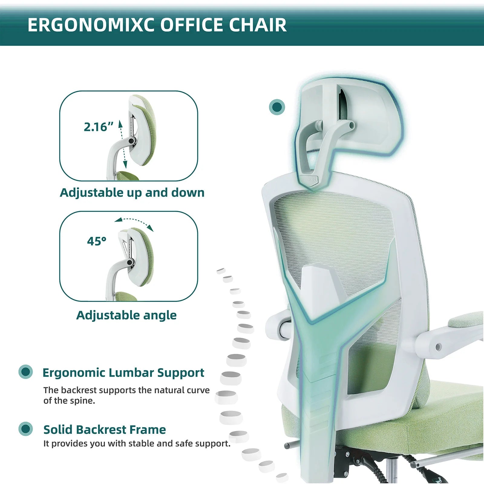 Nestor - Chaise à bascule de bureau en maille ergonomique réglable avec soutien lombaire