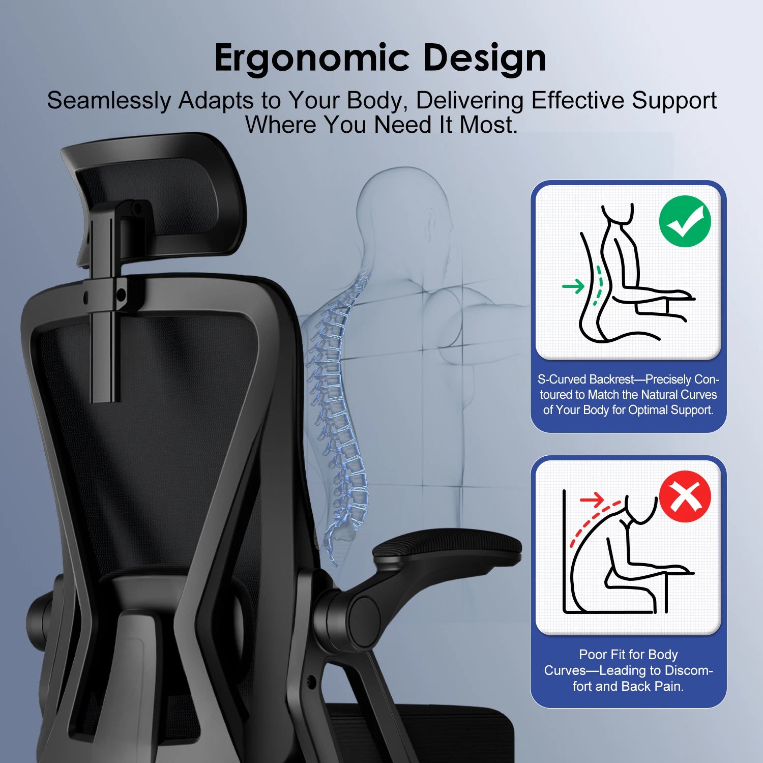 Cymara - Chaise de bureau ergonomique avec accoudoirs rabattables, dossier réglable et appuie-tête