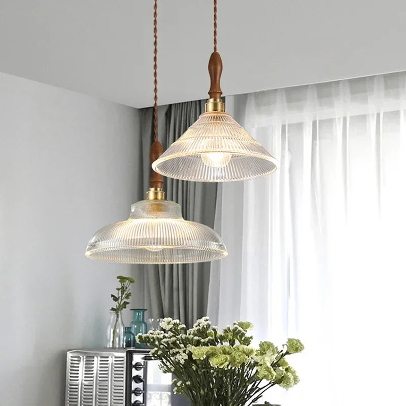 Braviont - Glass Pendant Lamp with Wood and Metal E27