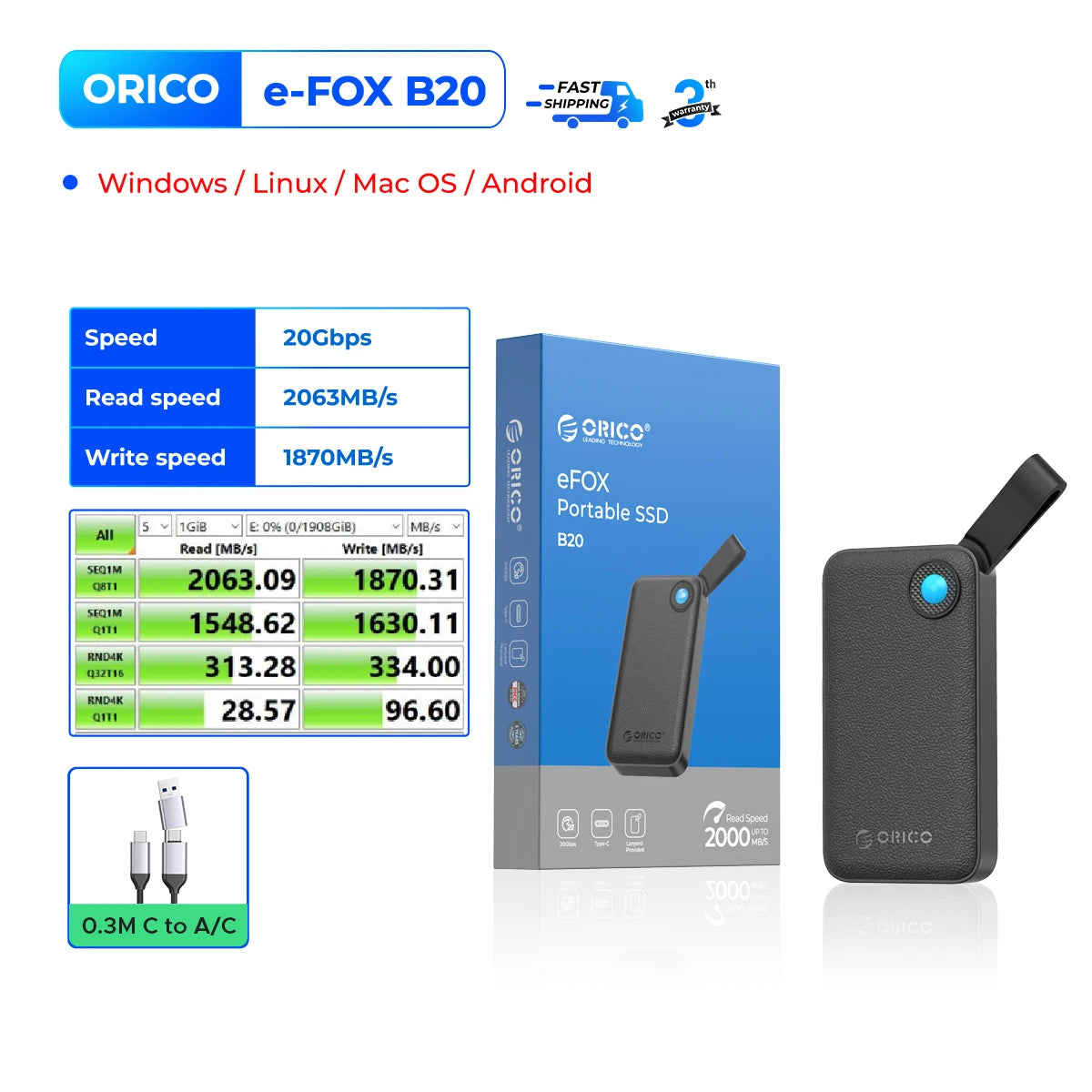 DataLoom – Disque SSD Externe Ultra Compact avec Vitesse de 2000 Mo/s et Câble USB C