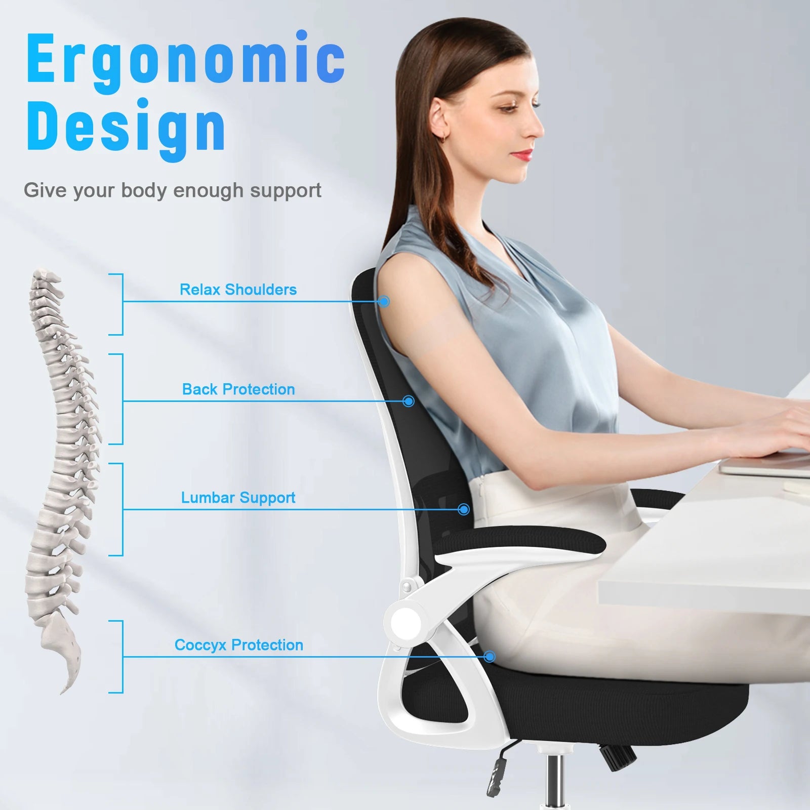 Minara - Chaise de bureau ergonomique avec accoudoirs rabattables et soutien lombaire