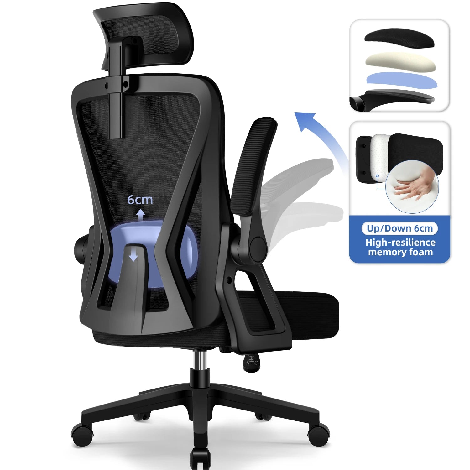 Cymara - Chaise de bureau ergonomique avec accoudoirs rabattables, dossier réglable et appuie-tête