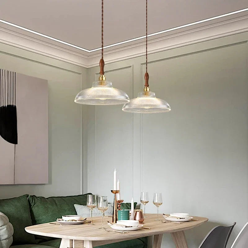 Braviont - Glass Pendant Lamp with Wood and Metal E27